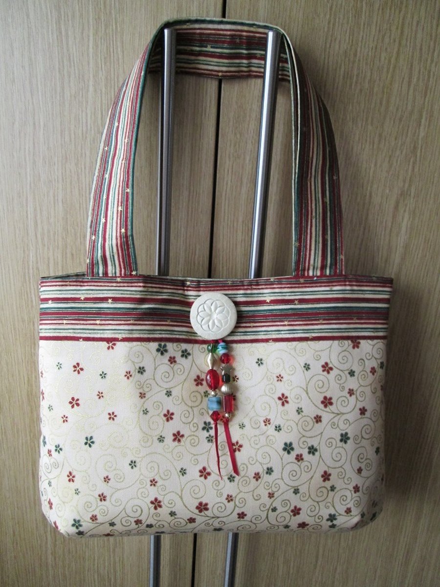 SOLD - SALE - Red, Green, Cream, Floral Scroll Handbag