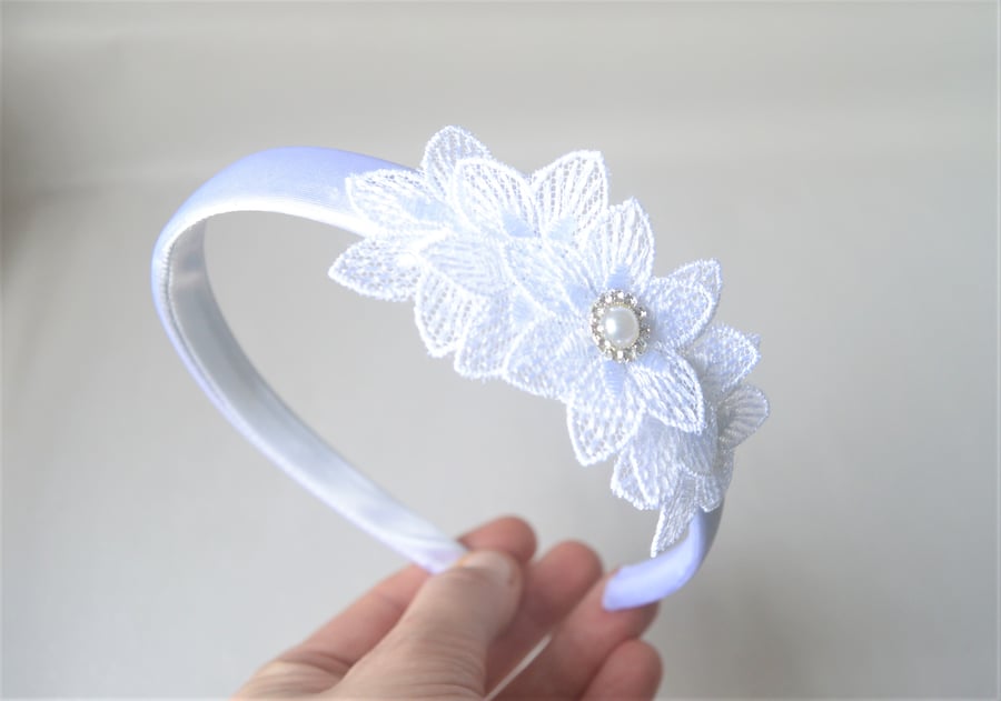 Alice band for holly communion, baptism white flower hair band 
