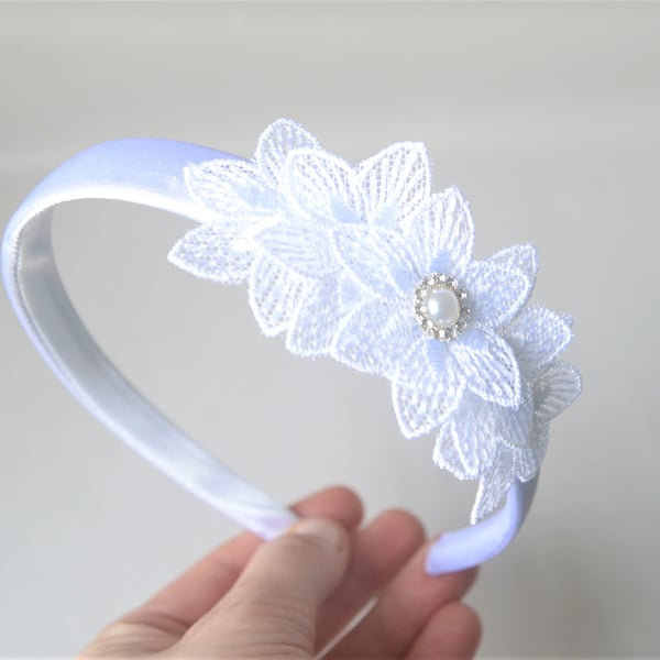 Alice band for holly communion, baptism white flower hair band 