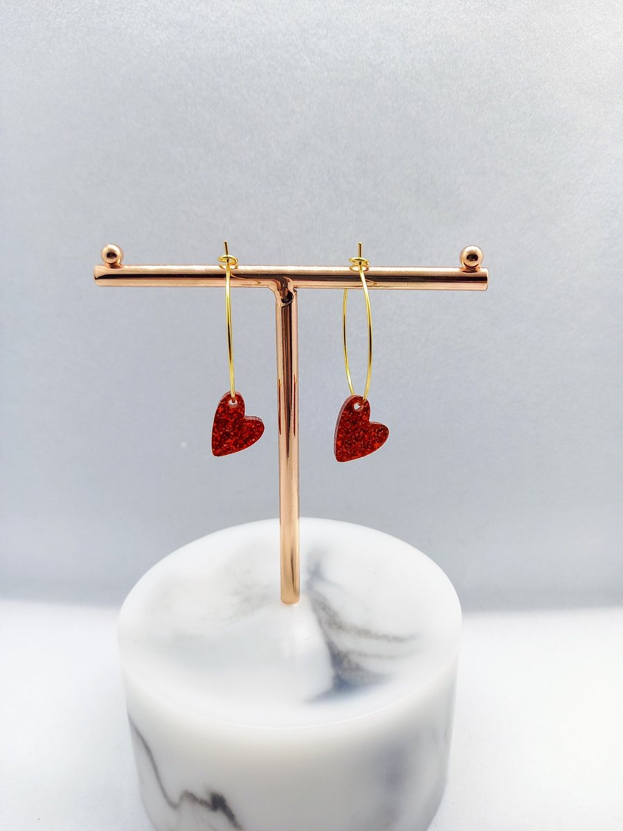 Red Heart Earrings, Valentines Gift, Heart Jewelry, Gold hoop earrings