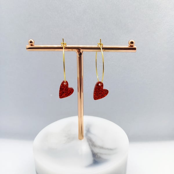 Red Heart Earrings, Valentines Gift, Heart Jewelry, Gold hoop earrings
