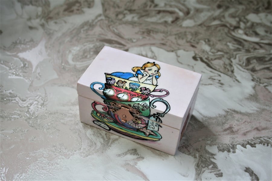 Small Alice in the tea cup treasure box memory box keepsake box jewelry box.