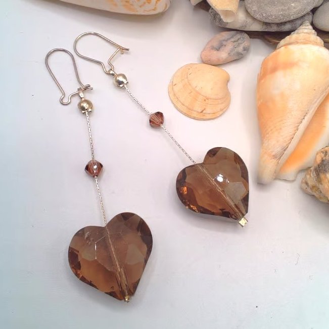 Purple Heart Glass Bead and Silver Crimping Chain Earrings, Gift for Her