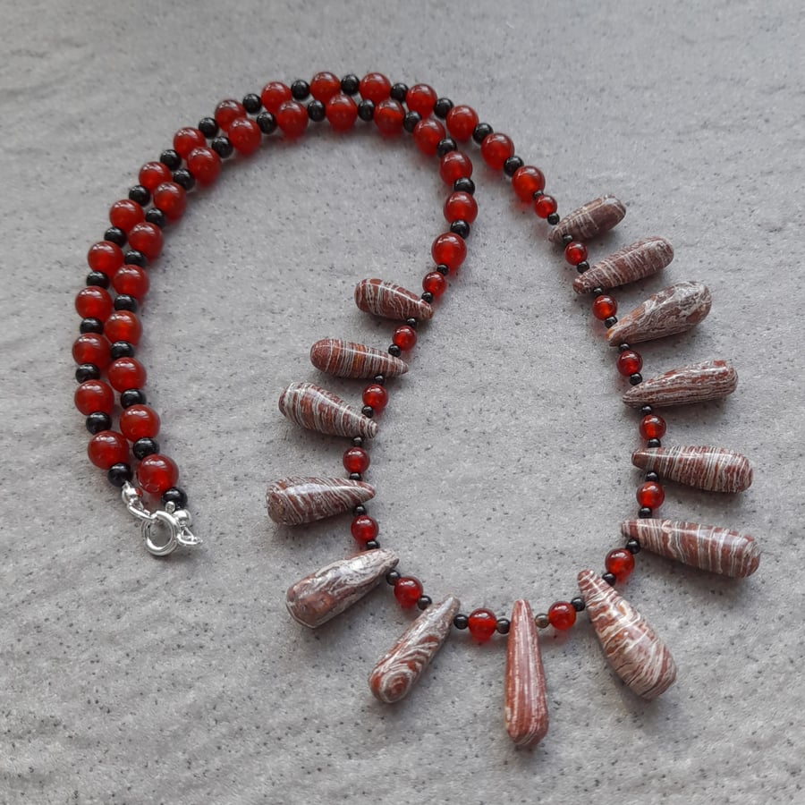 Zebra Jasper With Black and Red Agate Sterling Silver Necklace