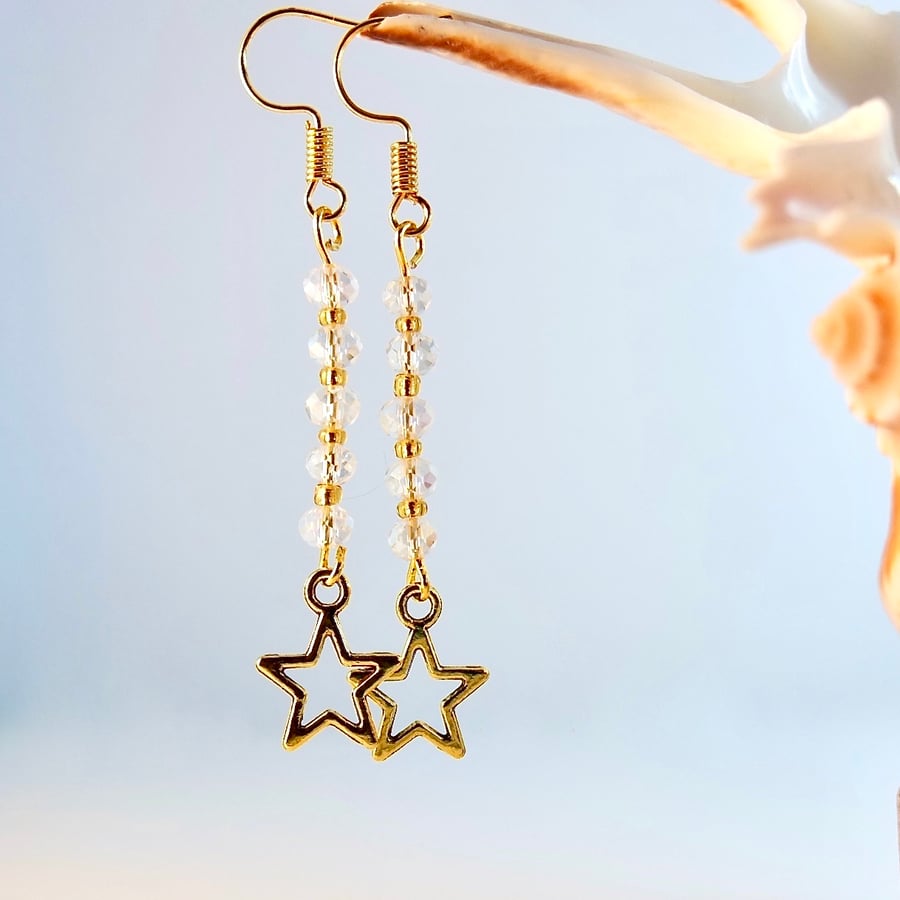 Christmas Star Earrings With Sparkly Crystals - Handmade In Devon - Free UK P&P.