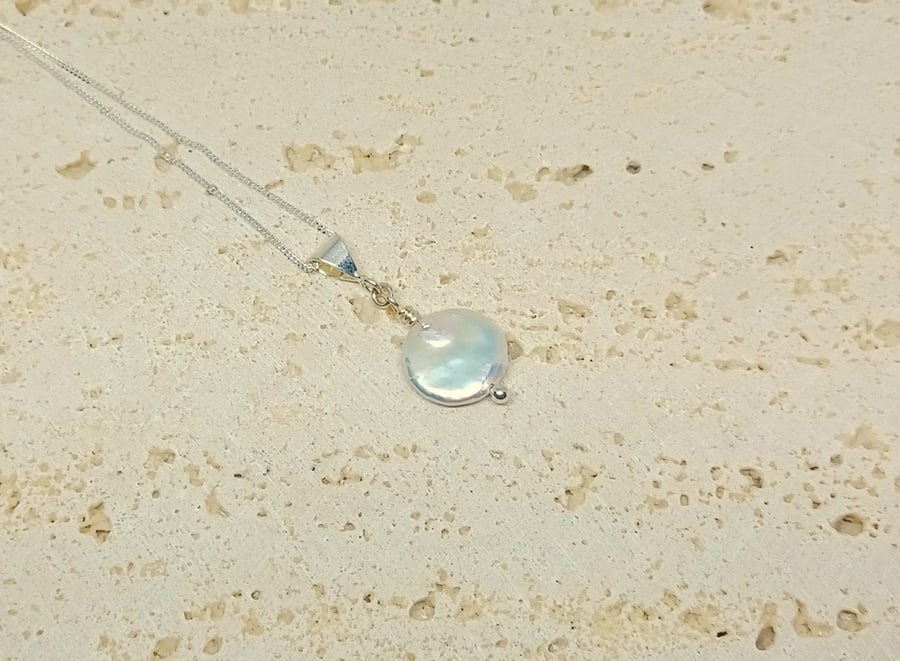 White Coin Pearl Pendant, Pearl Necklace, Brides Jewellery, Bridesmaid Gift, Ste