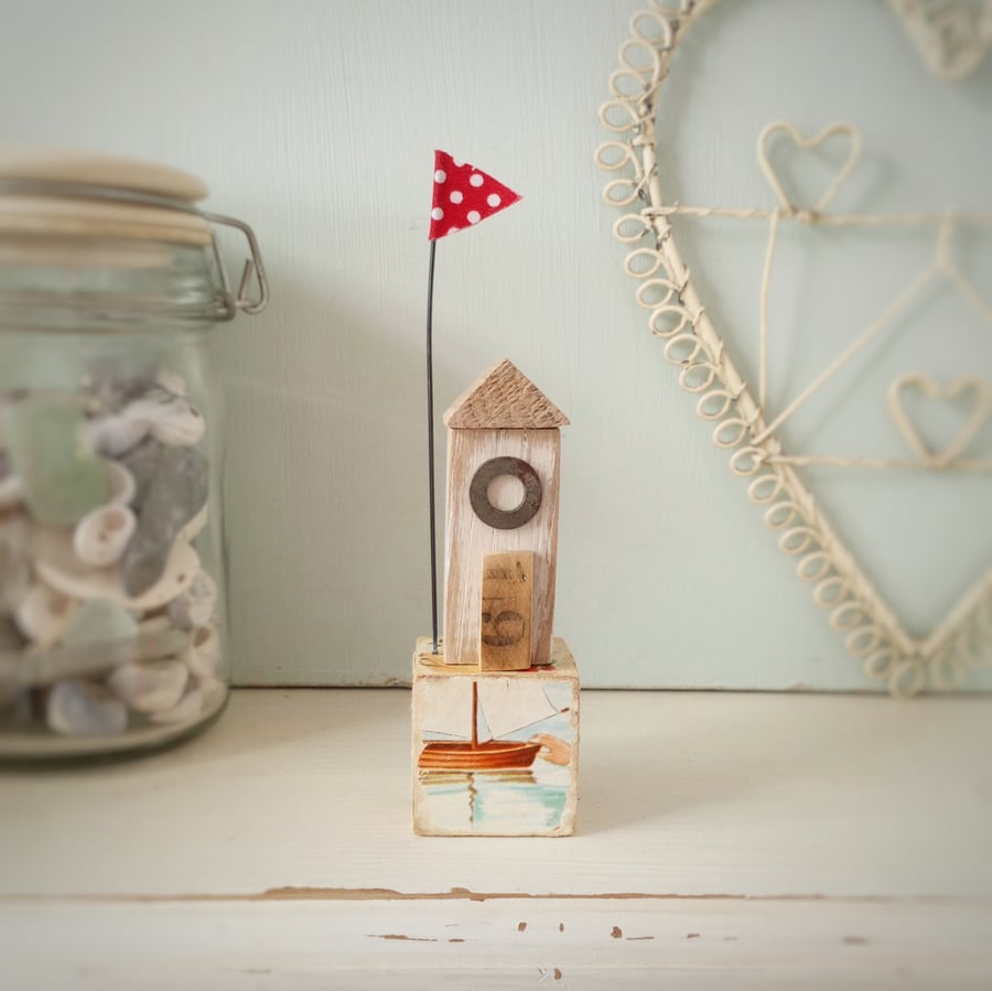 SALE - Little wooden sea house with flag on a vintage toy block