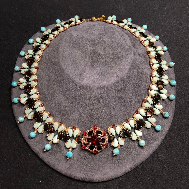 Cleopatra Glass Seed Bead Necklace with Kingsman Turquoise Gemstones