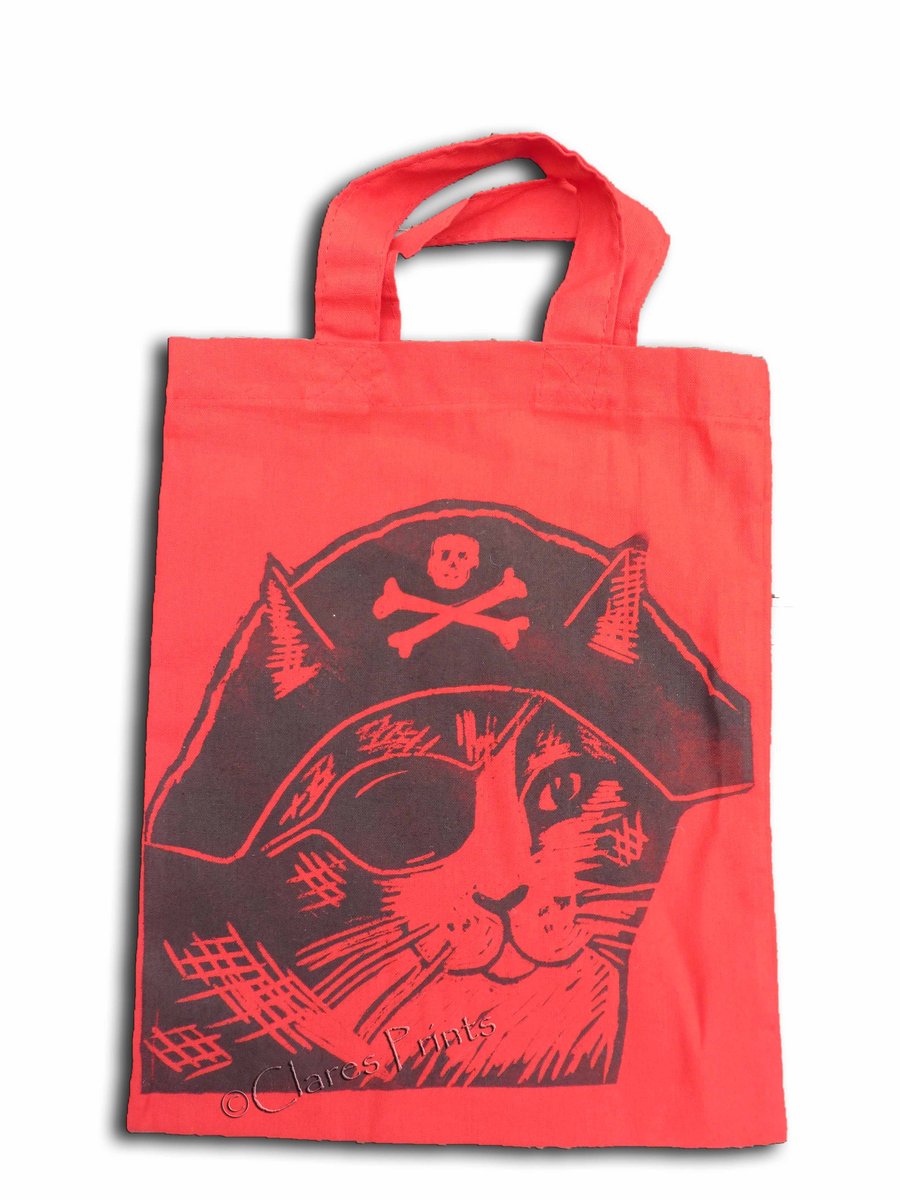 Pirate Cat Tote Hand Printed Red Mini Tote Shopping Bag