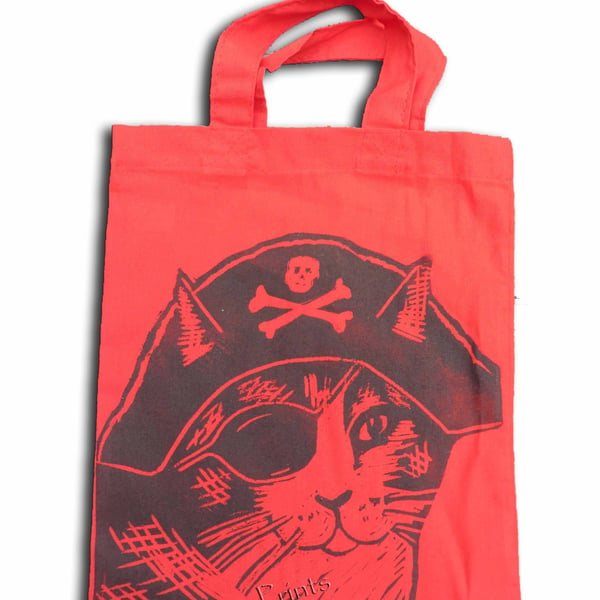 Pirate Cat Tote Hand Printed Red Mini Tote Shopping Bag