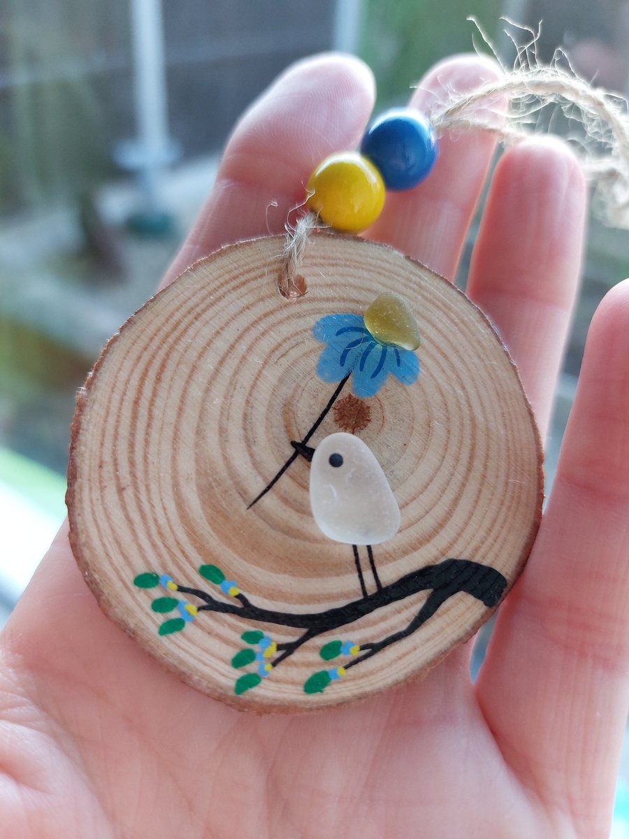 Support for Ukraine Sea Glass Hanging Decoration, Wood Slice, Bird, Flower