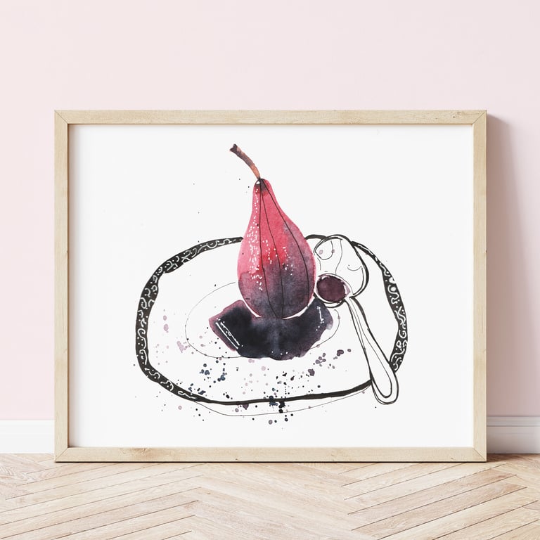 Pears in Red Wine Watercolour and Ink A4 Art Print