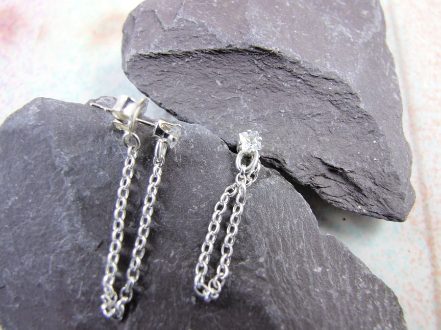 Earrings, Sterling Silver Chain and Cubic Zirconia Studs