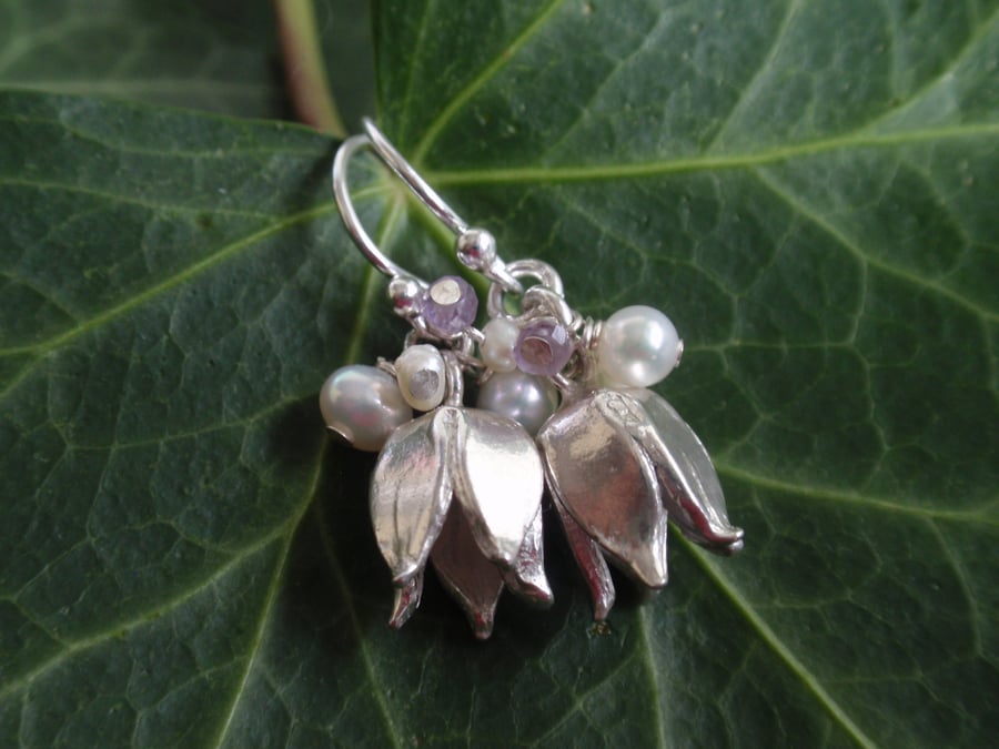 Sterling silver flower earrings with freshwater pearls and pink amethyst