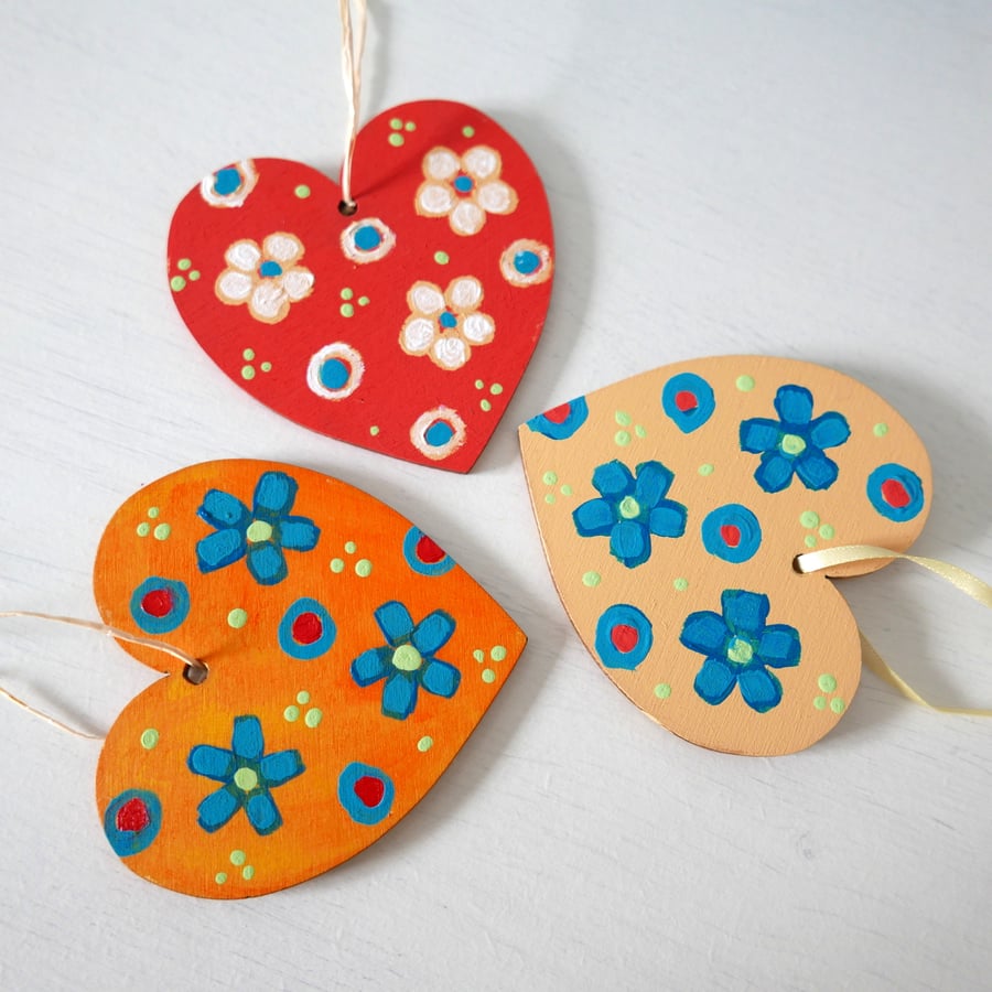 Set of Three hanging Decorations, Hand-painted Floral Hearts