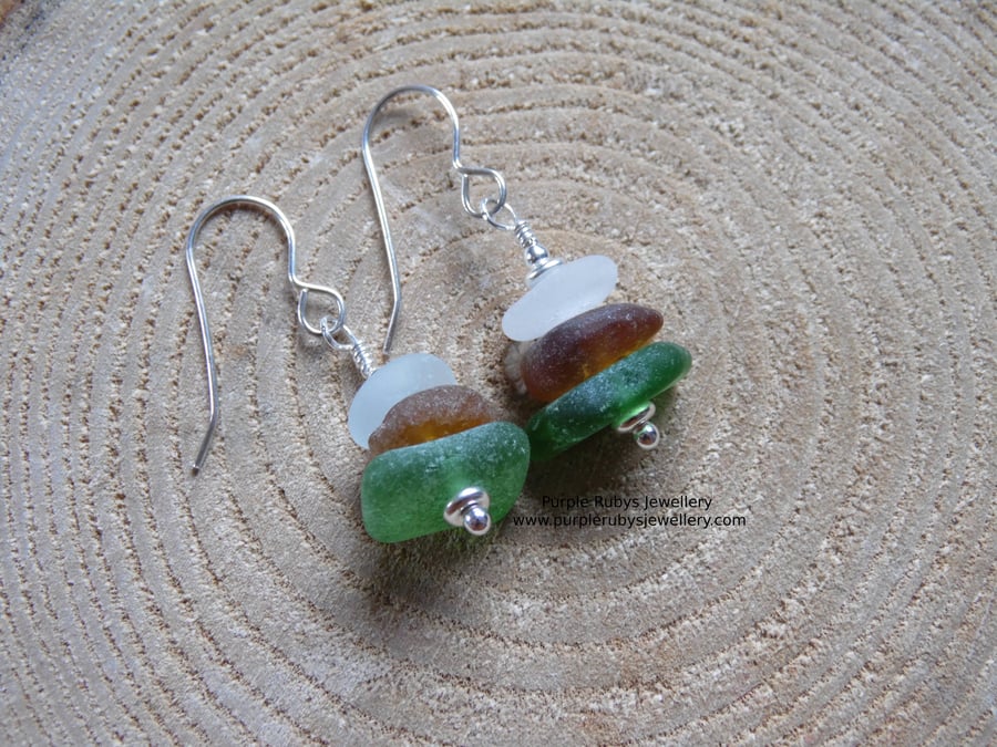 Bottle Green, Amber & White Cornish Sea Glass Stack Earrings, Sterling E565