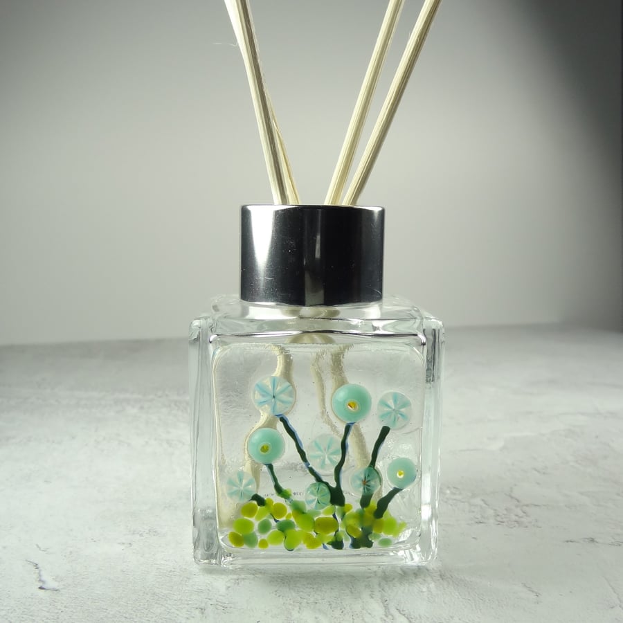 Handcrafted blue flowers fused glass reed diffuser – A unique gift with 4 reeds