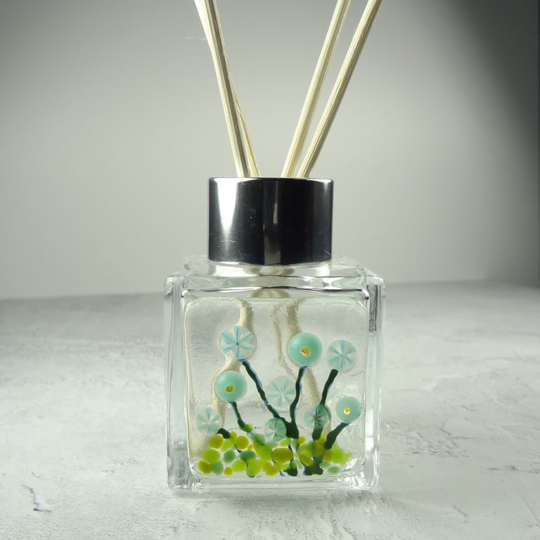 Handcrafted blue flowers fused glass reed diffuser – A unique gift with 4 reeds