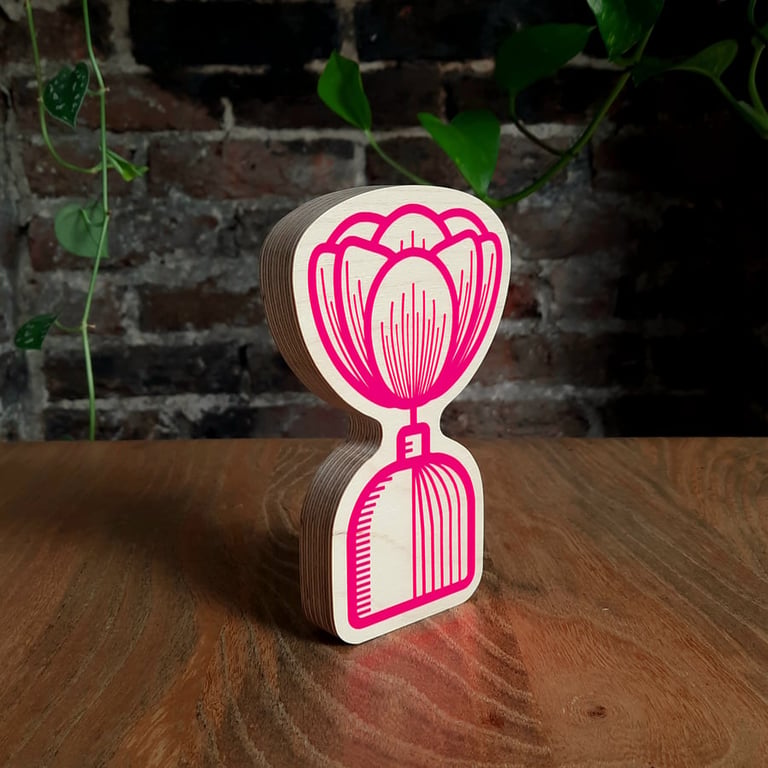 Neon Pink Peony Love You Flower Ornament Handmade Wooden  