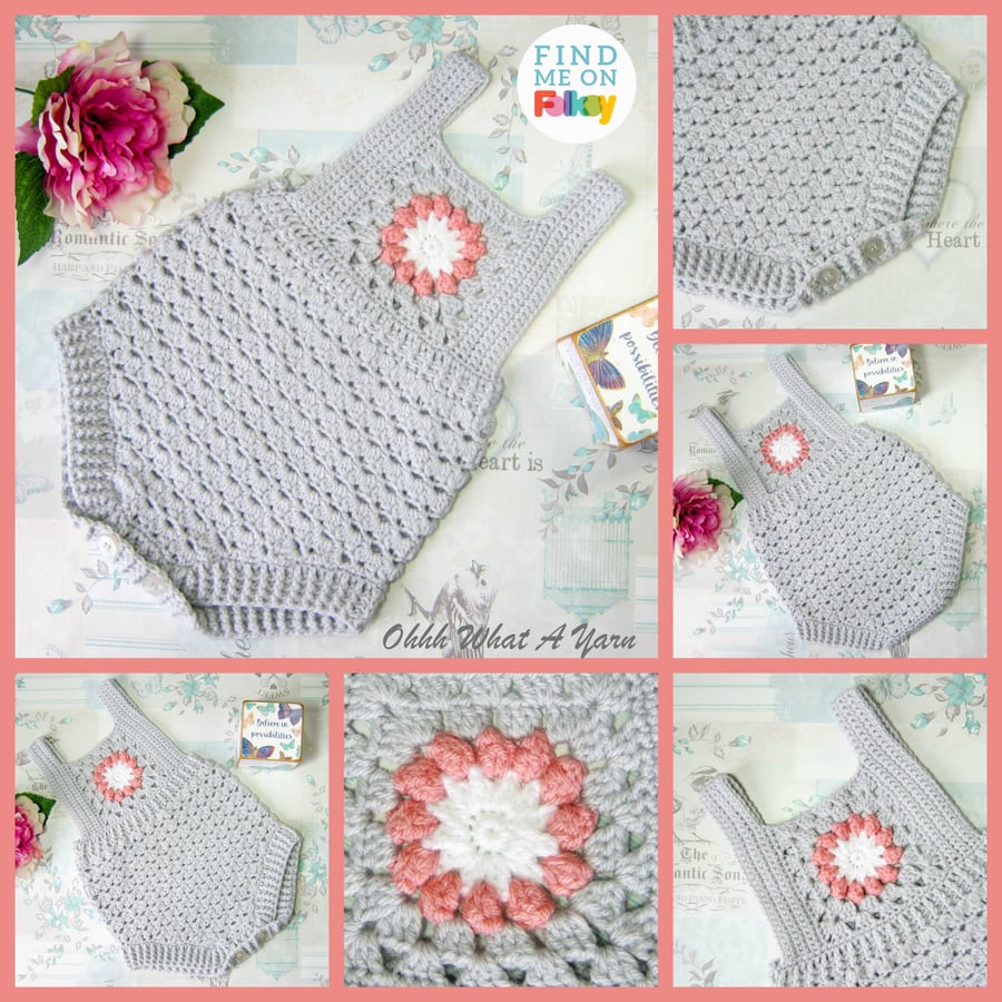Grey and pink crochet baby romper with flower detail.  Age 6-9 months