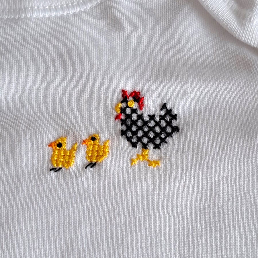  Baby Vest, Hen and Chicks, age 0-3 months, hand embroidered