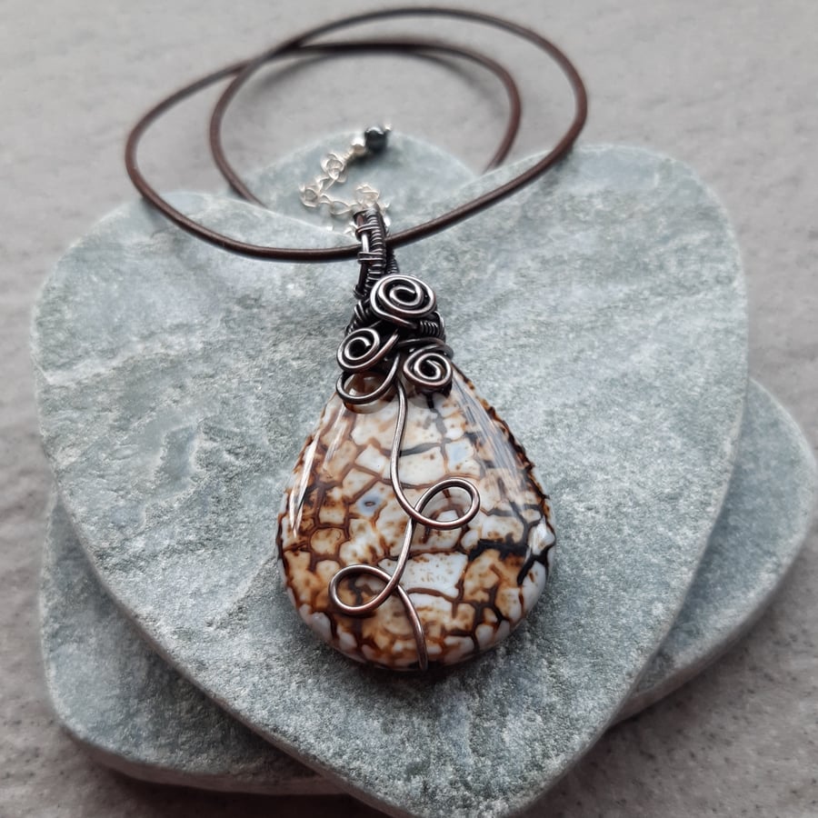  Copper Wire Wrapped Cappuccino Coloured Agate Pendant With Cord Vintage Style