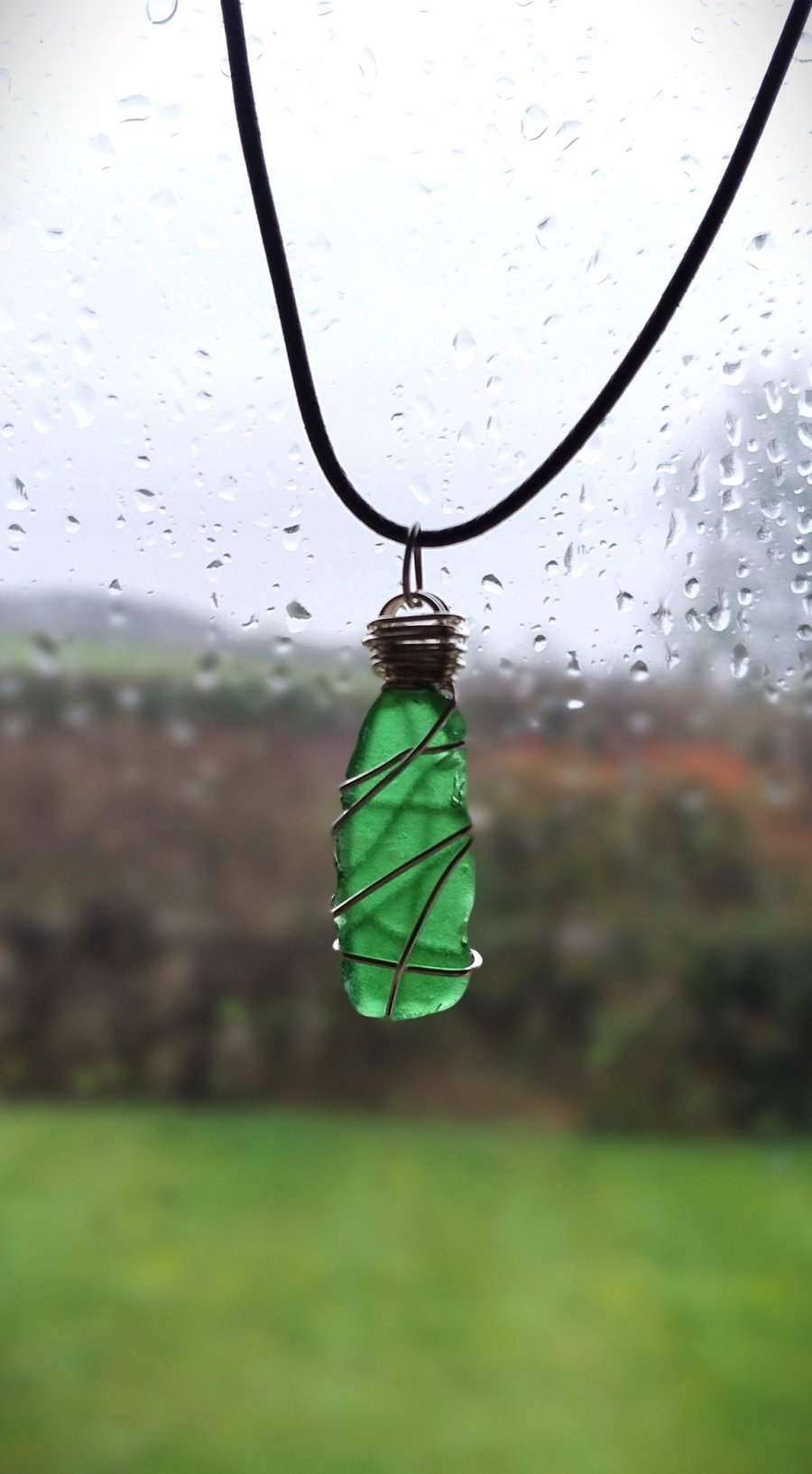 Vibrant Green Cumbrian Sea Glass Pendant with Hand Wrapped Silver Wire