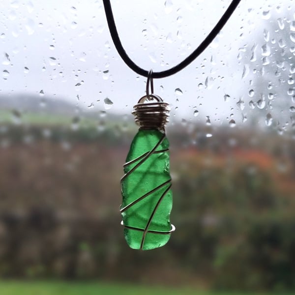 Vibrant Green Cumbrian Sea Glass Pendant with Hand Wrapped Silver Wire
