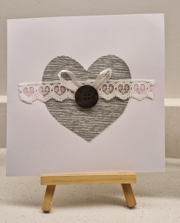 Heart love handmade card for many occasions fabric button ribbon