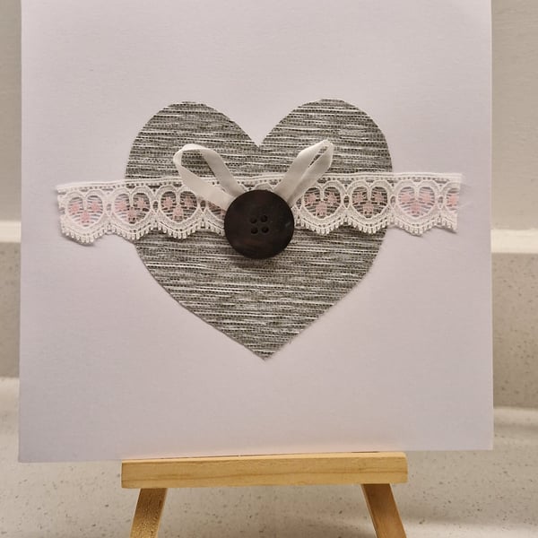 Heart love handmade card for many occasions fabric button ribbon