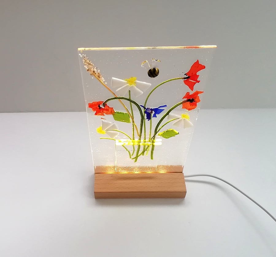 Poppy and Daisy floral illuminated panel, fused glass art, gift for home. 