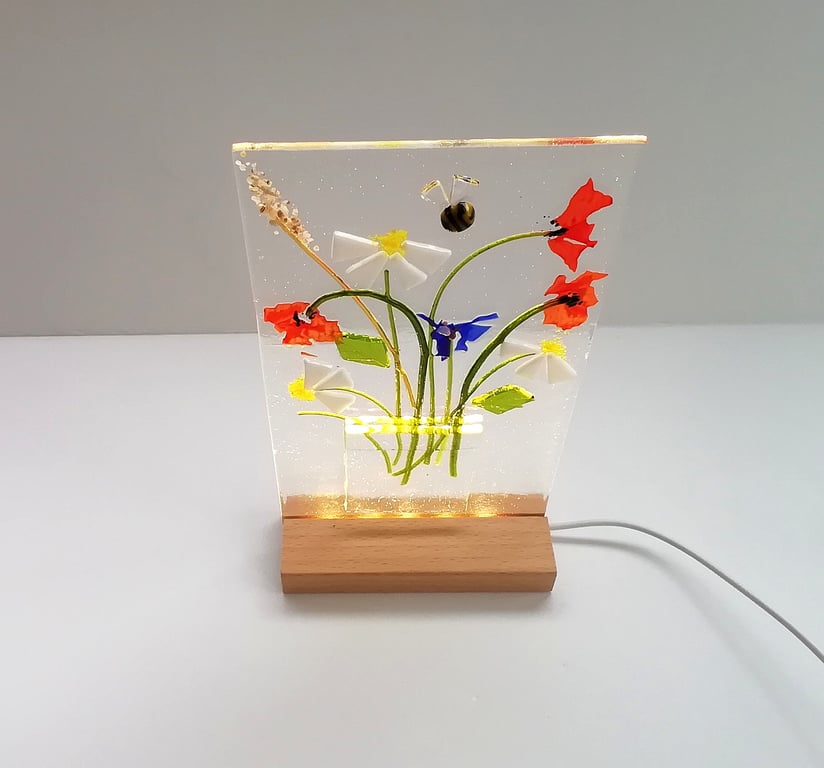 Poppy and Daisy floral illuminated panel, fused glass art, gift for home. 