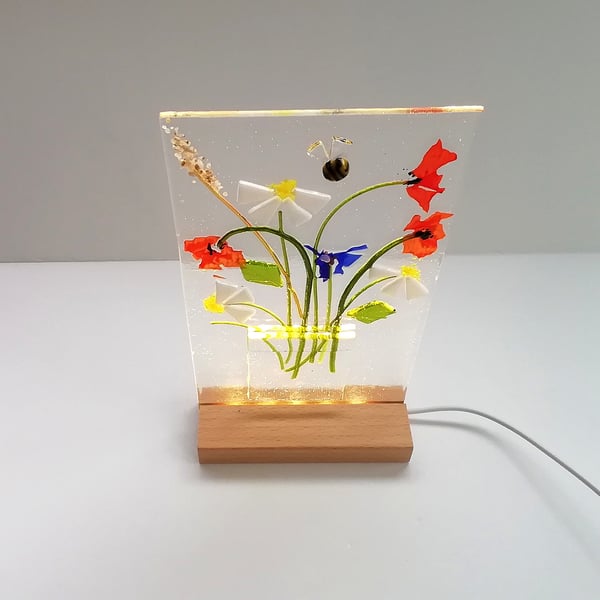 Poppy and Daisy floral illuminated panel, fused glass art, gift for home. 