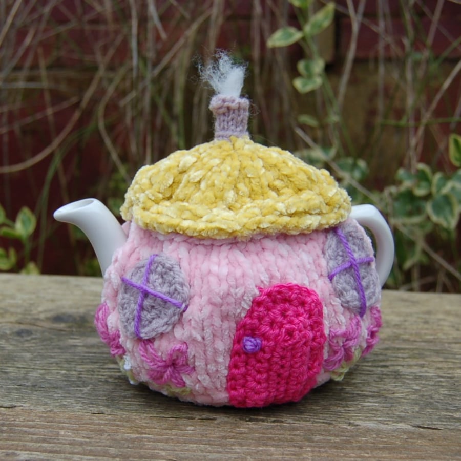Knitted tea cosy - Fairy cottage design  to fit a one two cup teapot