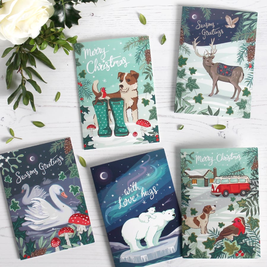 Set of 5 Animal Christmas Cards