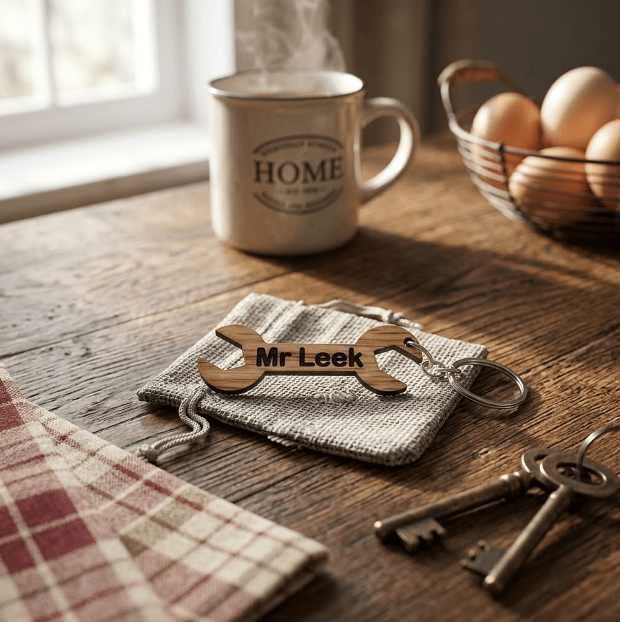 Personalised Spanner Keychain - Wood Tool Keyring with Gift Bag