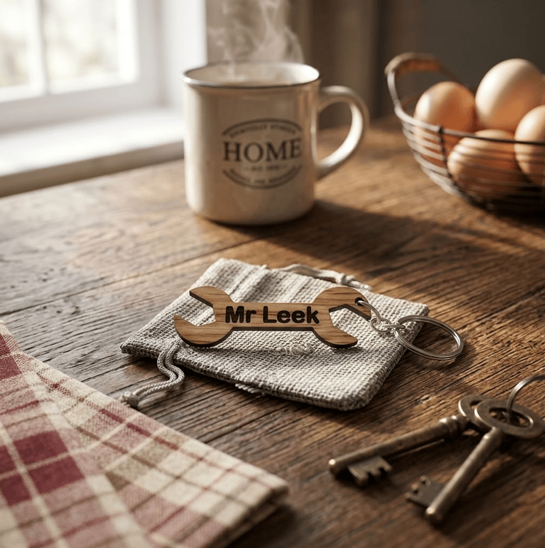 Personalised Spanner Keychain - Wood Tool Keyring with Gift Bag