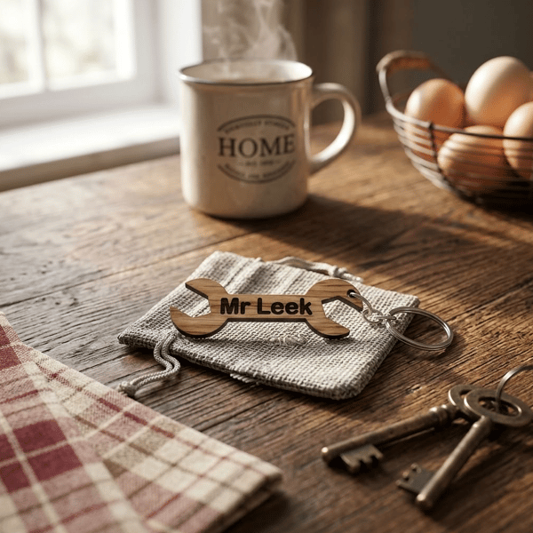 Personalised Spanner Keychain - Wood Tool Keyring with Gift Bag