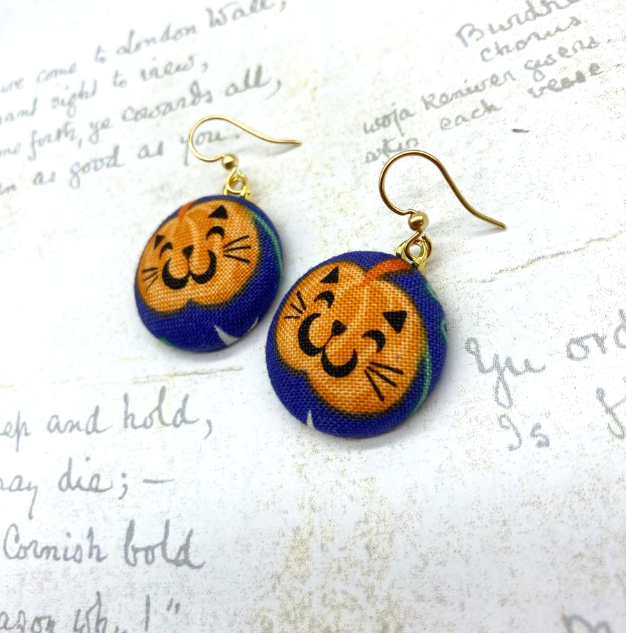 Cat pumpkin faces fabric button earrings halloween