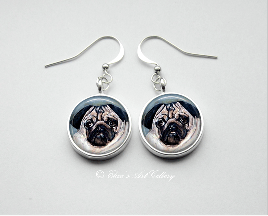 Silver Plated Pug Dog Painting Earrings