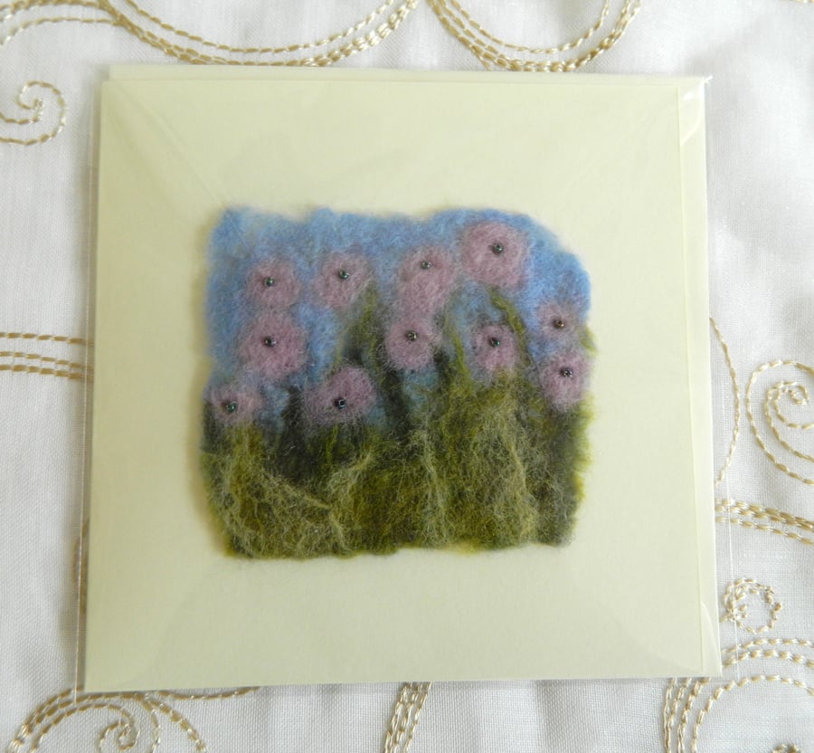 Handmade Felt Blank Card Purple Lilac Pansies Flowers