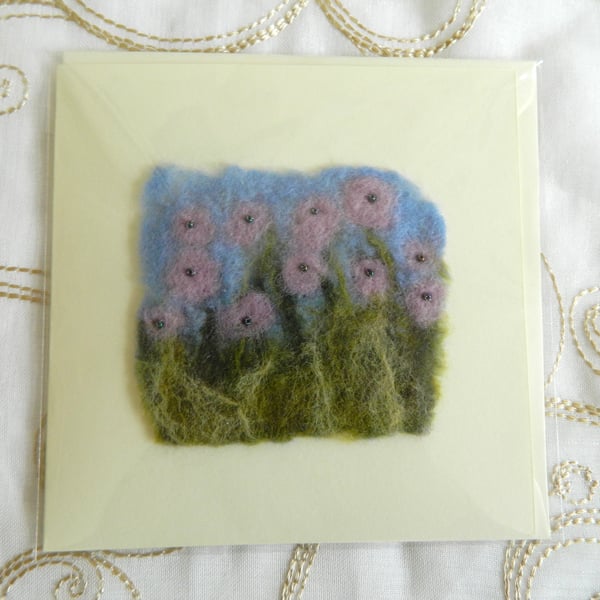 Handmade Felt Blank Card Purple Lilac Pansies Flowers