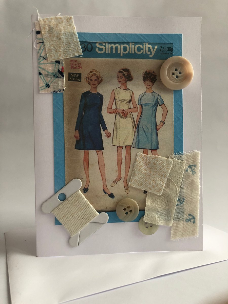 1960s Simplicity 8330 Vintage Dress Sewing Pattern Embellished Blank Card 