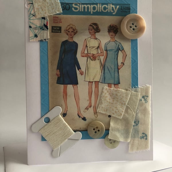 1960s Simplicity 8330 Vintage Dress Sewing Pattern Embellished Blank Card 