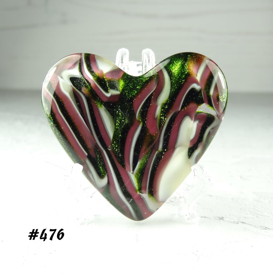 Green pink cream fused glass heart with acrylic stand, 5x4.5cm (476)