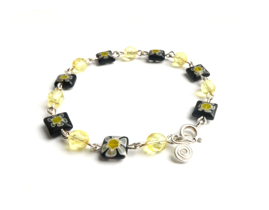 Lemon Faceted Glass and Black Millefiori Bead Bracelet 