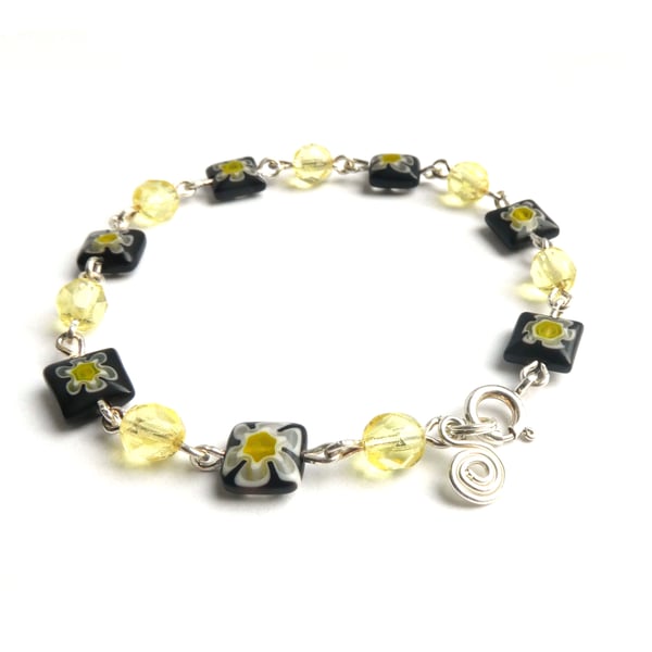 Lemon Faceted Glass and Black Millefiori Bead Bracelet 