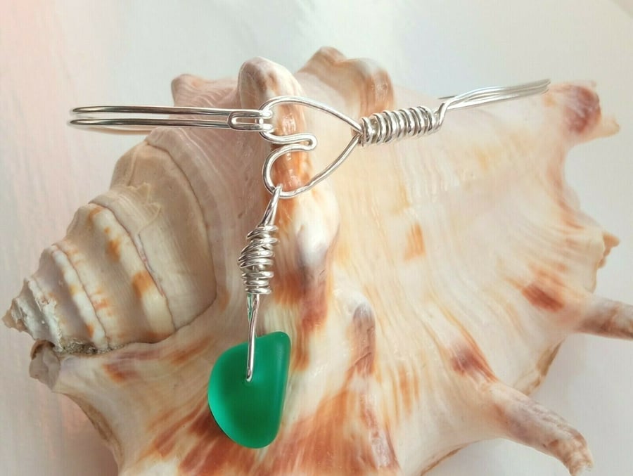Sterling Silver Handmade Wire Heart Bangle with Teal Seaglass Charm One Size