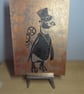 Steampunk Penguin One off Hand-Pulled Linocut & Gelli Print Copper - Image 2