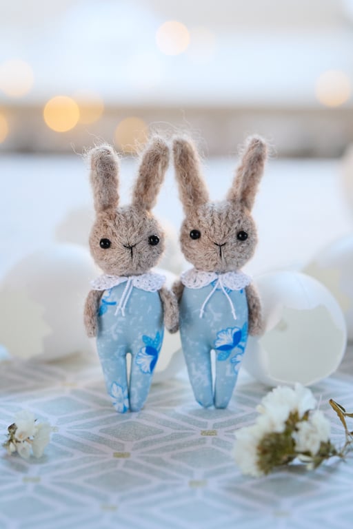 Easter Bunny ornament, miniature rabbit doll, blue outfit